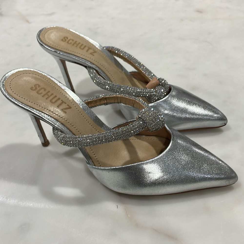 Schutz Anthropologie Napa Pearl Pin Metallic Mules Slides 3” Heels Sz 5 HOLIDAY